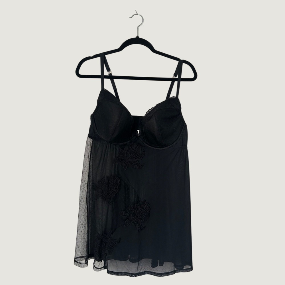 Cacique Babydoll‎ Lingerie Size 18/20 Black Sheer Floral Lace Underwire Romantic